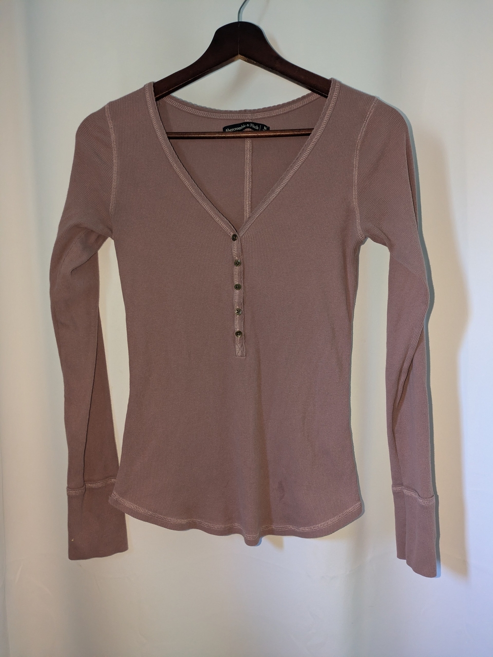 Abercrombie & Fitch Mauve Ribbed Henley Long Sleeve Top - Button Placket